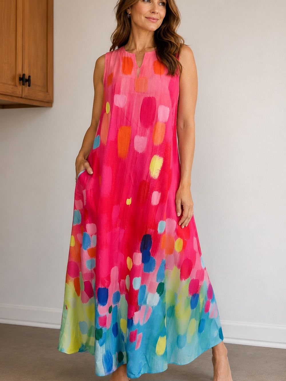 Uoozee Multi-Color abstract, print Sleeveless Maxi Dress w/Pockets. SzXXL